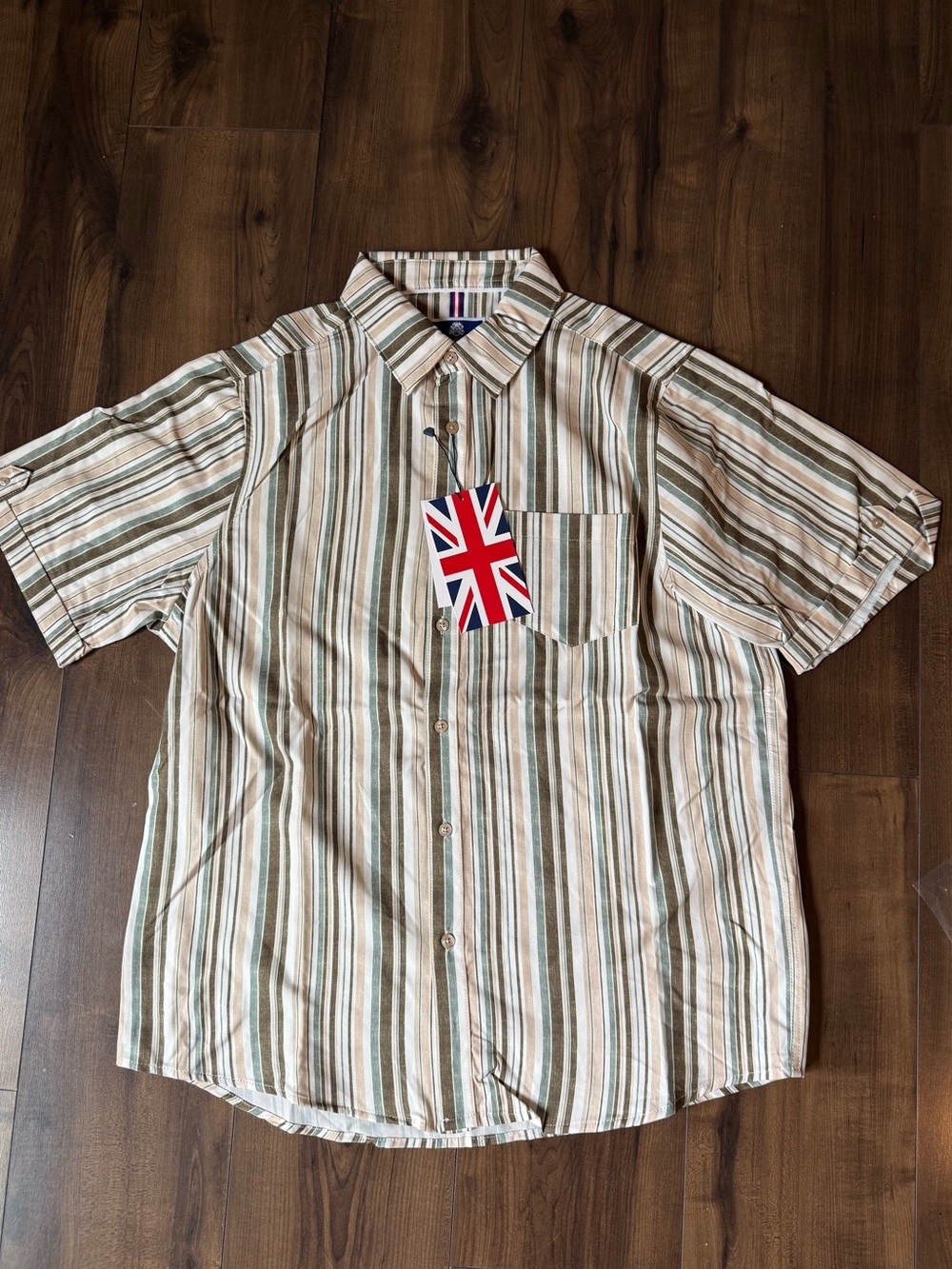 Men's Short-Sleeve Stripe Button-Up Shirt - Beige/Green